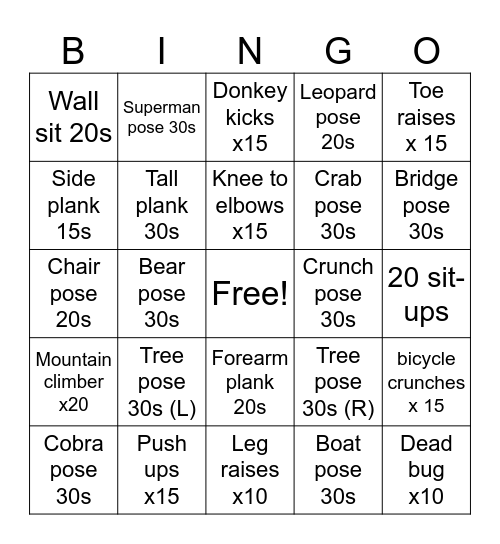 Core strength bingo Card