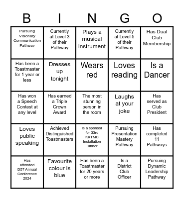 33rd KKTMC Installation Dinner Bingo Card