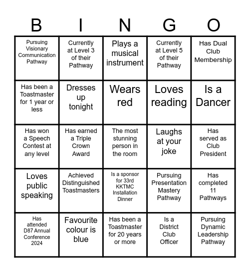 33rd KKTMC Installation Dinner Bingo Card