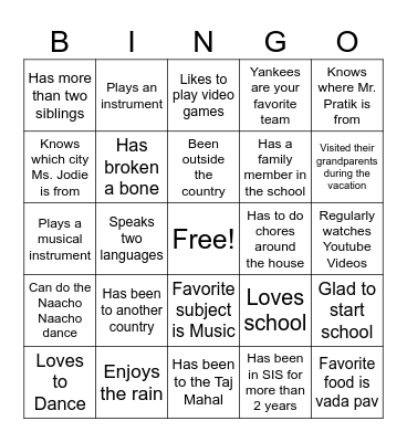 First Day of School Bingo Card