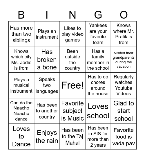 First Day of School Bingo Card