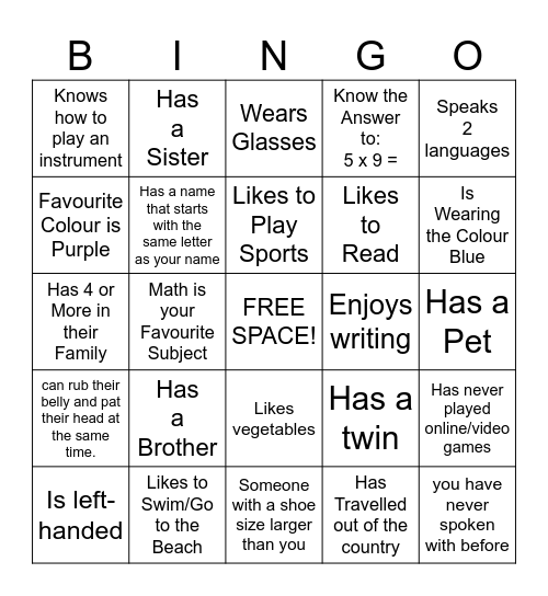 "Get to Know Me" Bingo Card