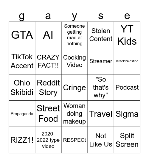 short Bingo Card