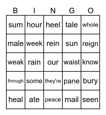 Homophone Bingo Card