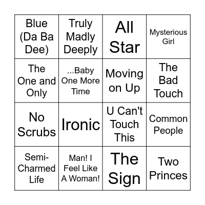 90s Music Bingo Round 1 Bingo Card