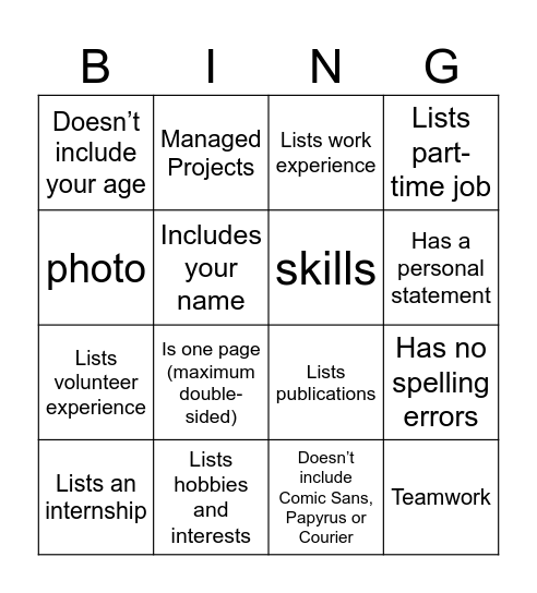 CV Bingo Card