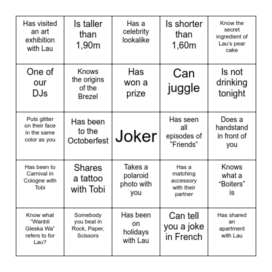 Wedding guest bingo Card