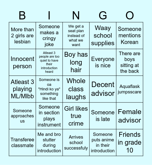 First day Bingo Card