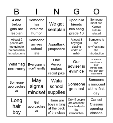 First Day Of school Bingo Card