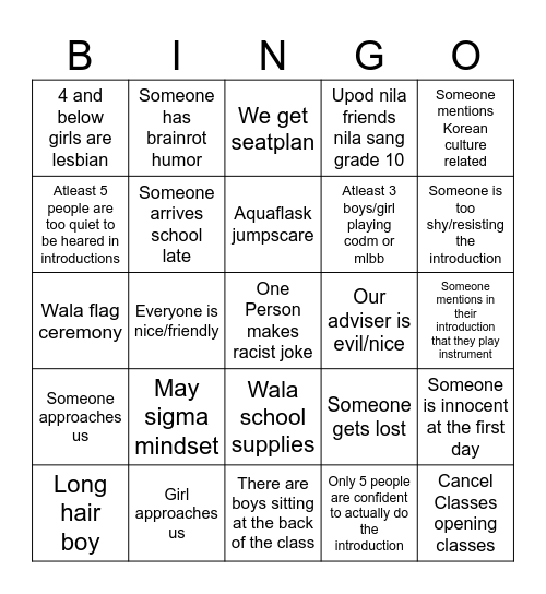 First Day Of school Bingo Card