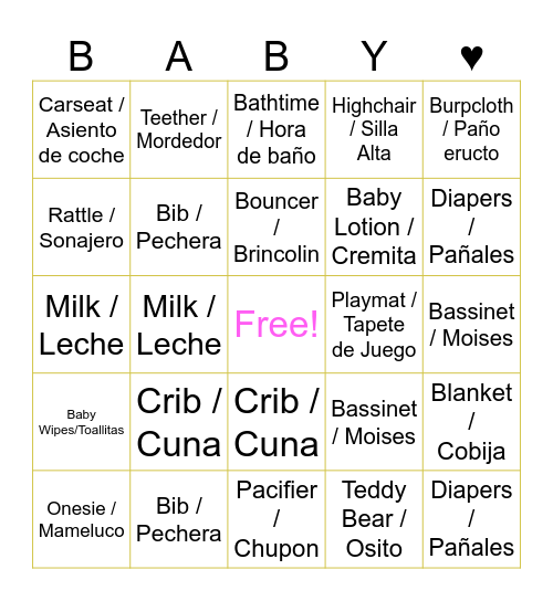 Christina and AJ's Baby Shower Bingo Card
