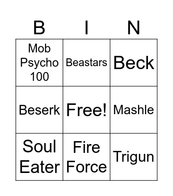 Anime Bingo Card