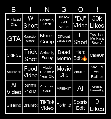 YouTube Shorts Bingo Card