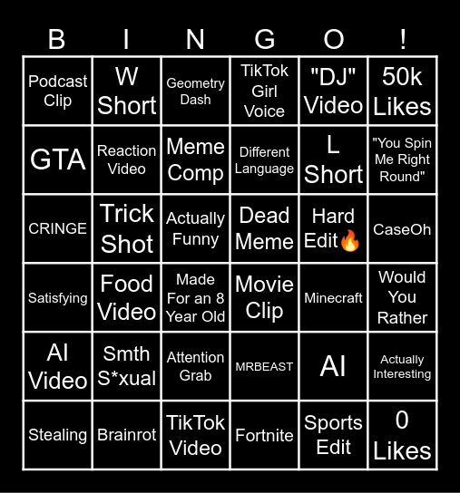 YouTube Shorts Bingo Card