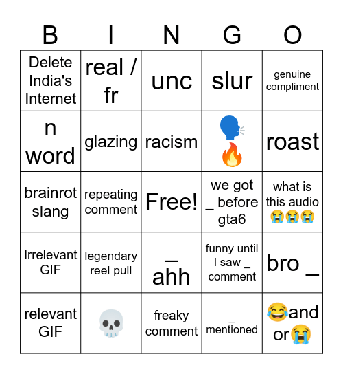 Instagram Reels Comments Bingo Card