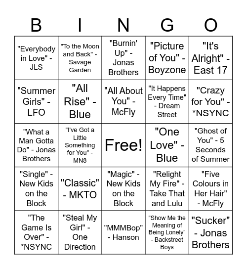 Boy Band Music Bingo Round #1 Bingo Card