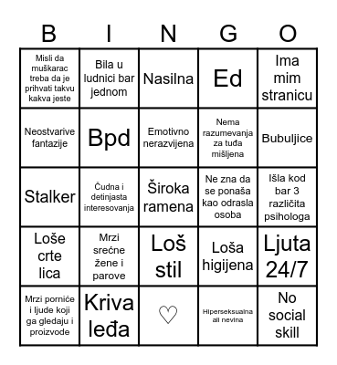 Femcel Bingo Card