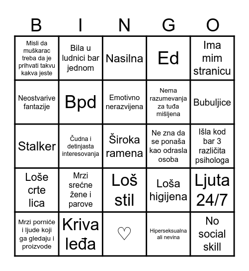Femcel Bingo Card