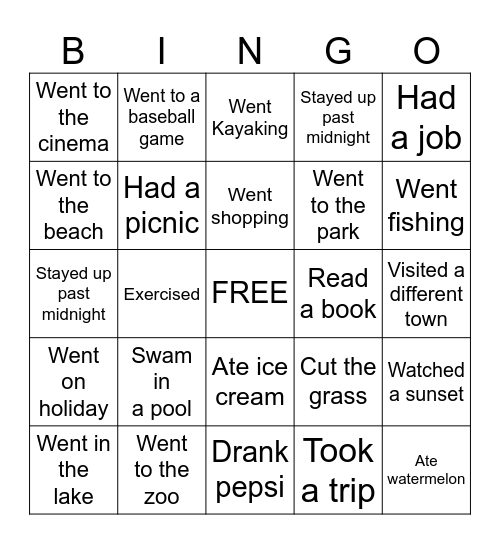 What I Did This Summer Bingo Card