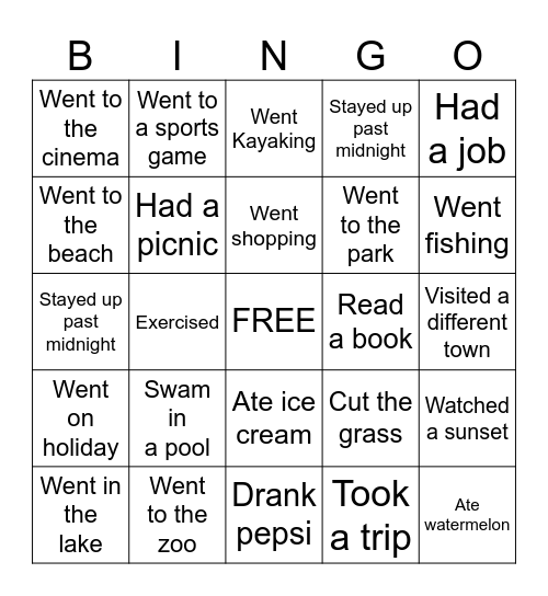 What I Did This Summer Bingo Card