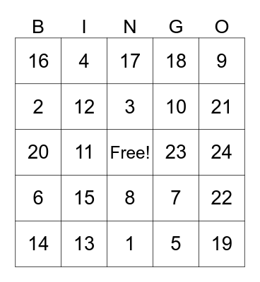 Bingo Numbers Bingo Card