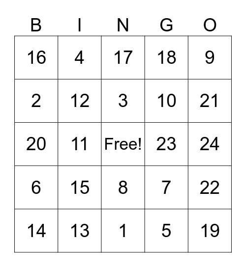 Bingo Numbers Bingo Card