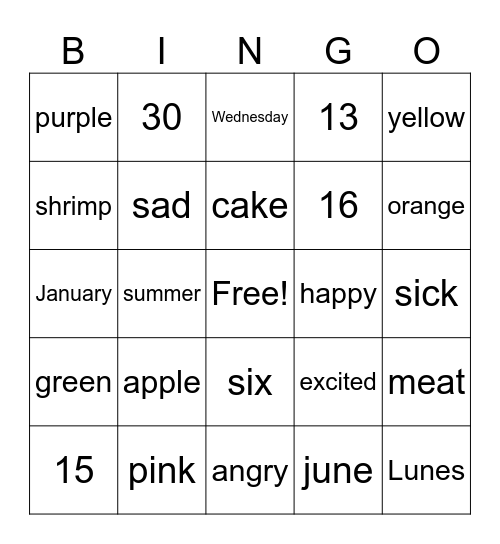Spanish vocab words week 2 Bingo Card