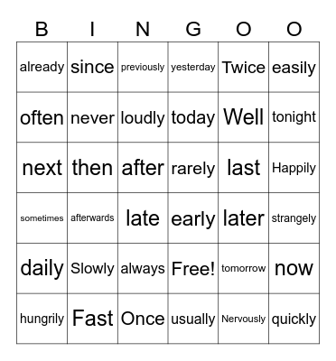 Adverbs of Time, Frequency and Manner Bingo Card