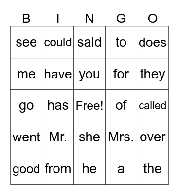 Irregular Words Bingo Card