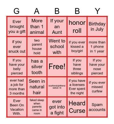 Gabby's Sweetest Bingo Card