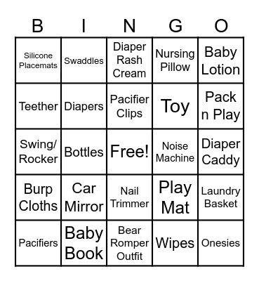 Baby Shower Gifts Bingo Card