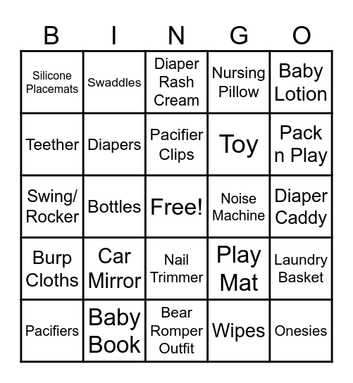 Baby Shower Gifts Bingo Card