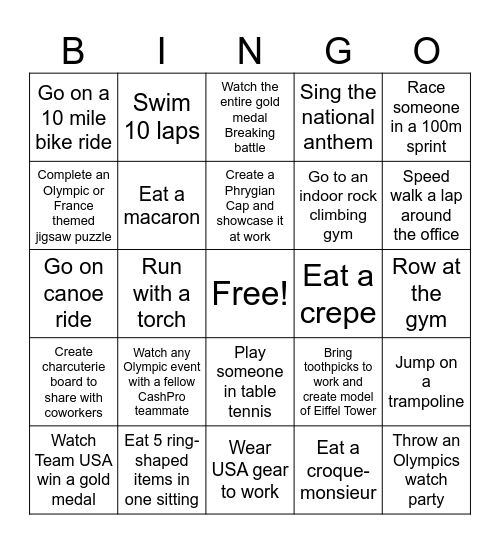 CashProlympics Bingo Card