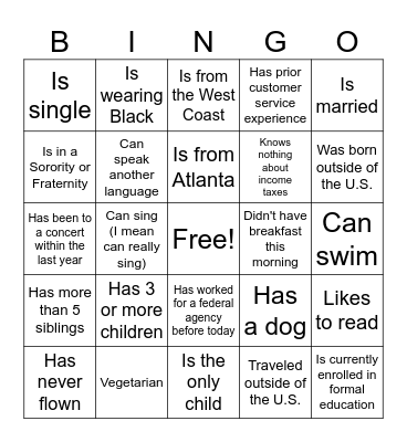 New Hire Bingo Card