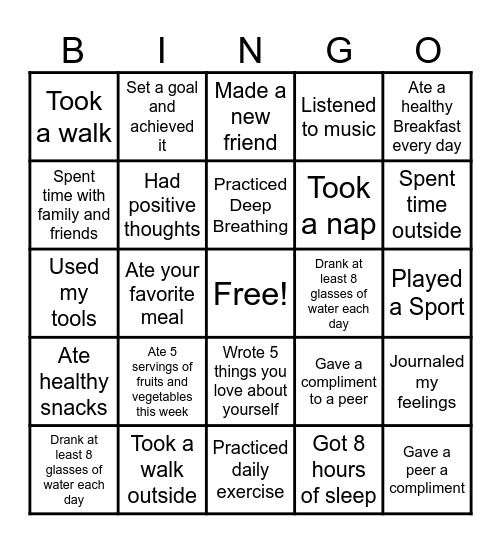 Healthy Week Bingo Card Bingo Card