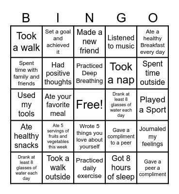 Healthy Week Bingo Card Bingo Card