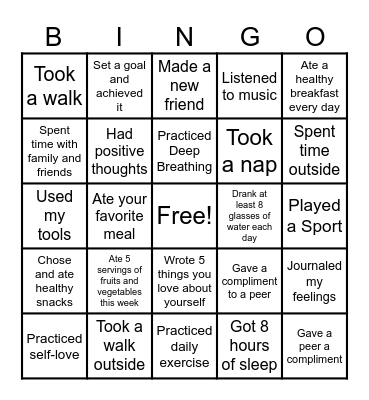 Healthy Week Bingo Card Bingo Card