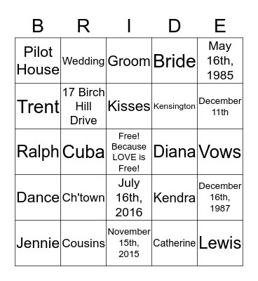 Catherine's Bridal Bingo!  Bingo Card