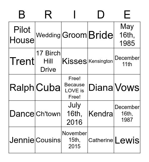 Catherine's Bridal Bingo!  Bingo Card