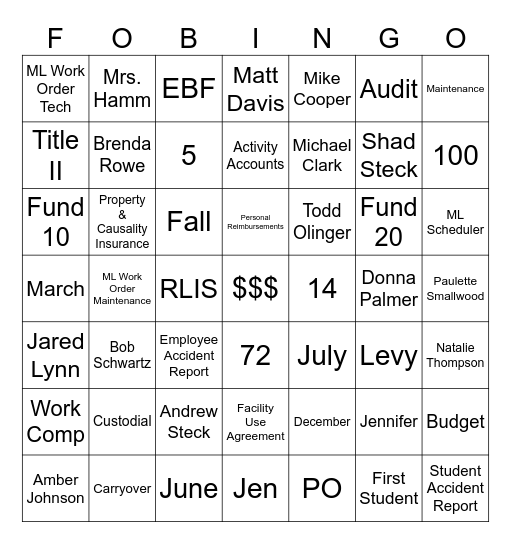 F.O. Bingo Card