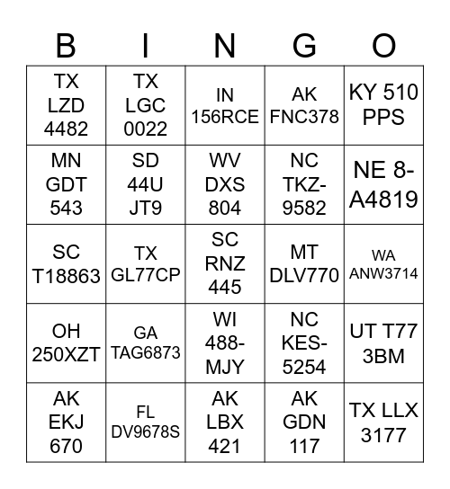 Pilot Lot Bingo Card