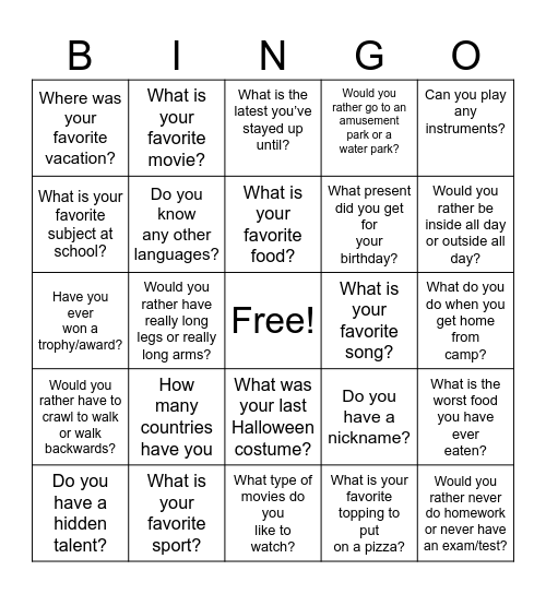 Conversational Bingo Card