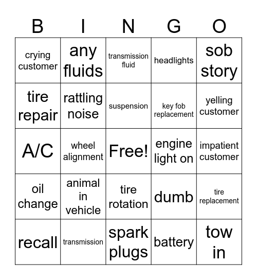 SERVICE LANE BINGO Card