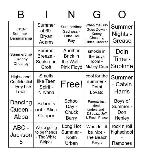 From Summer Back to School Bingo Card