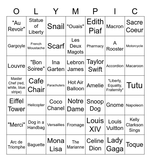 Paris Olympics Bingo Card