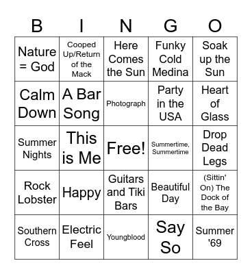 Summer Songs Bingo Card