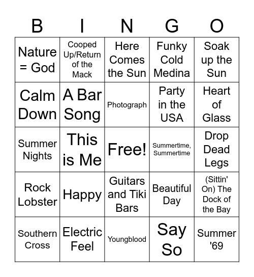 Summer Songs Bingo Card