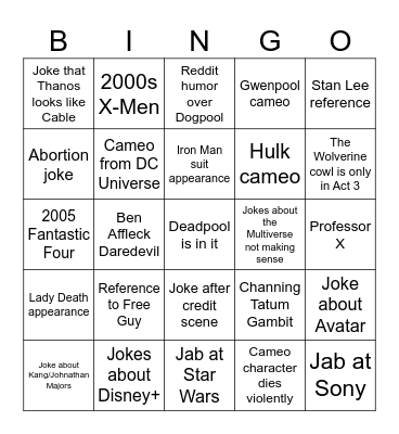 Deadpool 3 Bingo Card Bingo Card