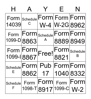 The TAX PREPARER Bingo Card