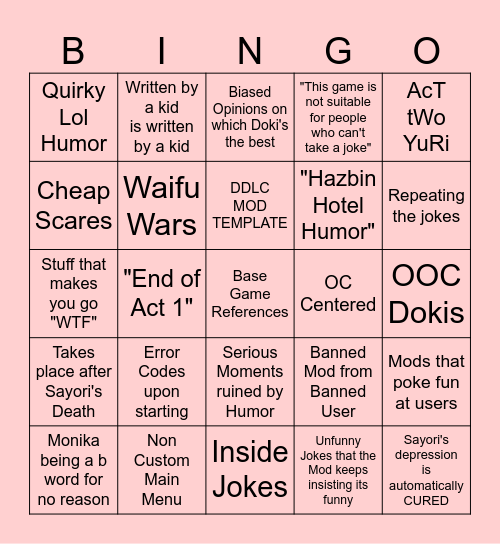 DDLC Mods Bingo Card! Bingo Card